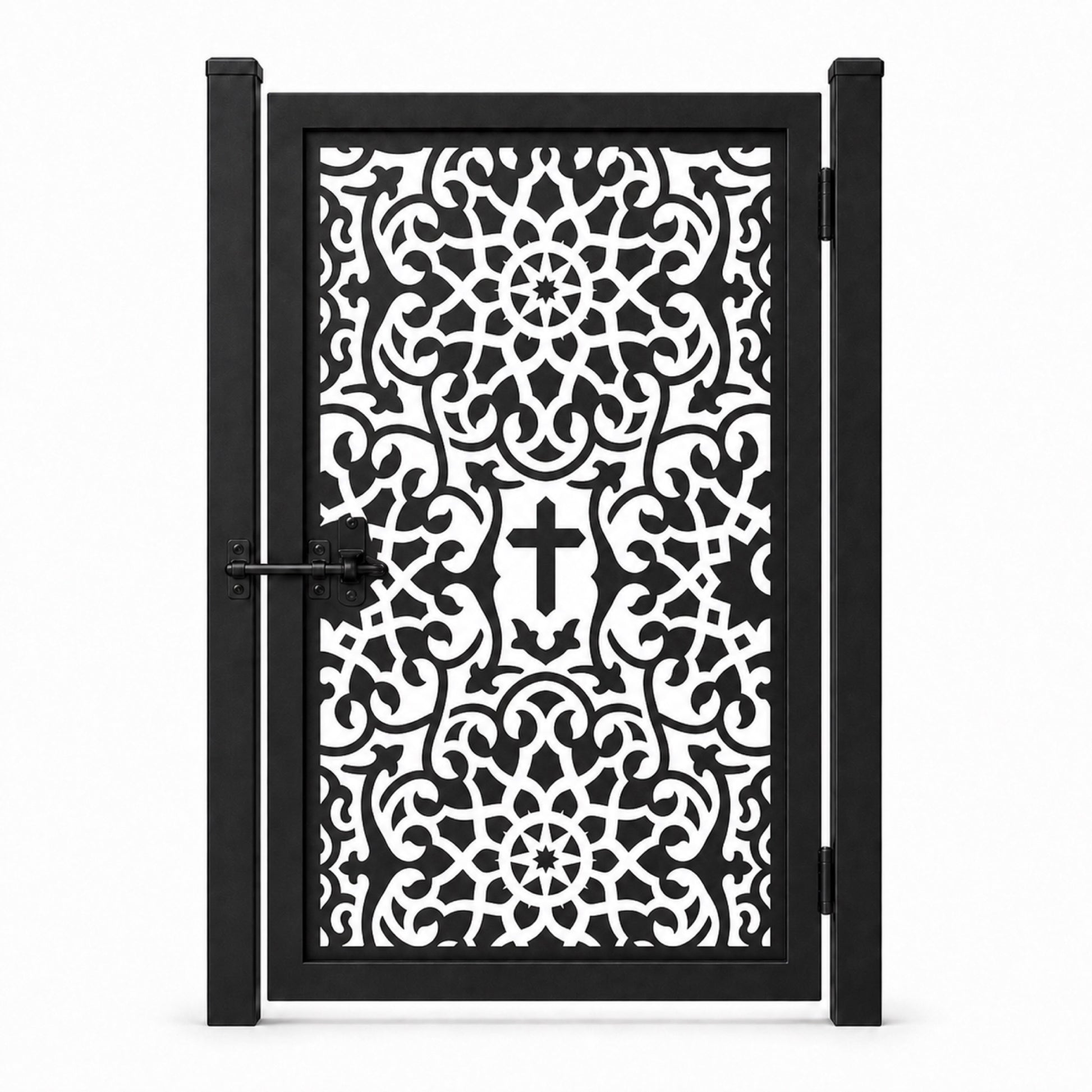 Design 094 cross dense scrollwork black laser cut metal pedestrian gate closed view