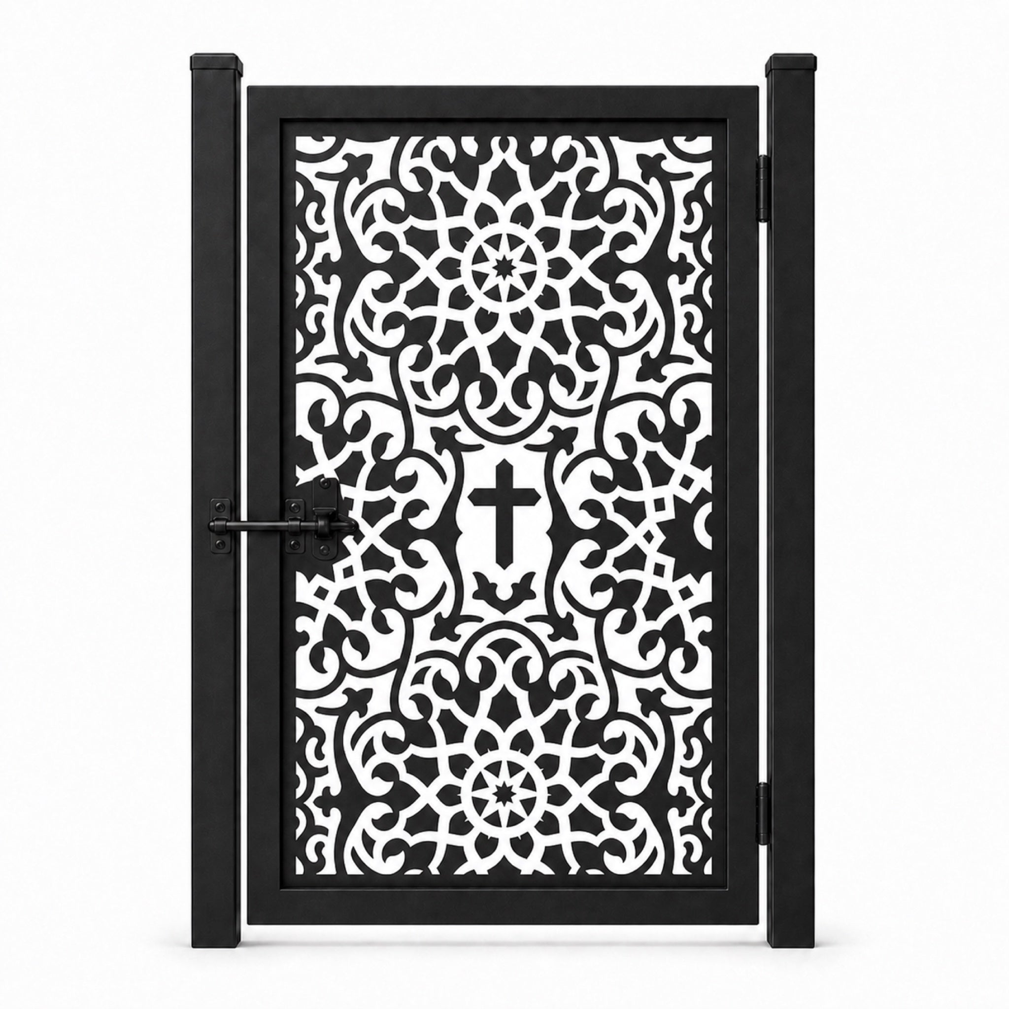 Design 094 cross dense scrollwork black laser cut metal pedestrian gate closed view