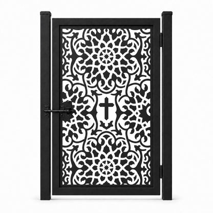 Design 094 cross dense scrollwork black laser cut metal pedestrian gate closed view