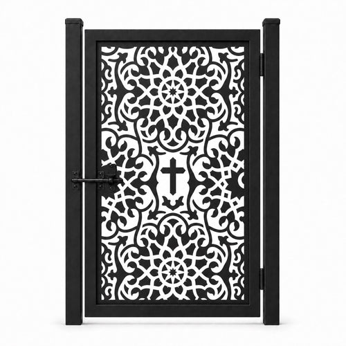 Design 094 cross dense scrollwork black laser cut metal pedestrian gate closed view