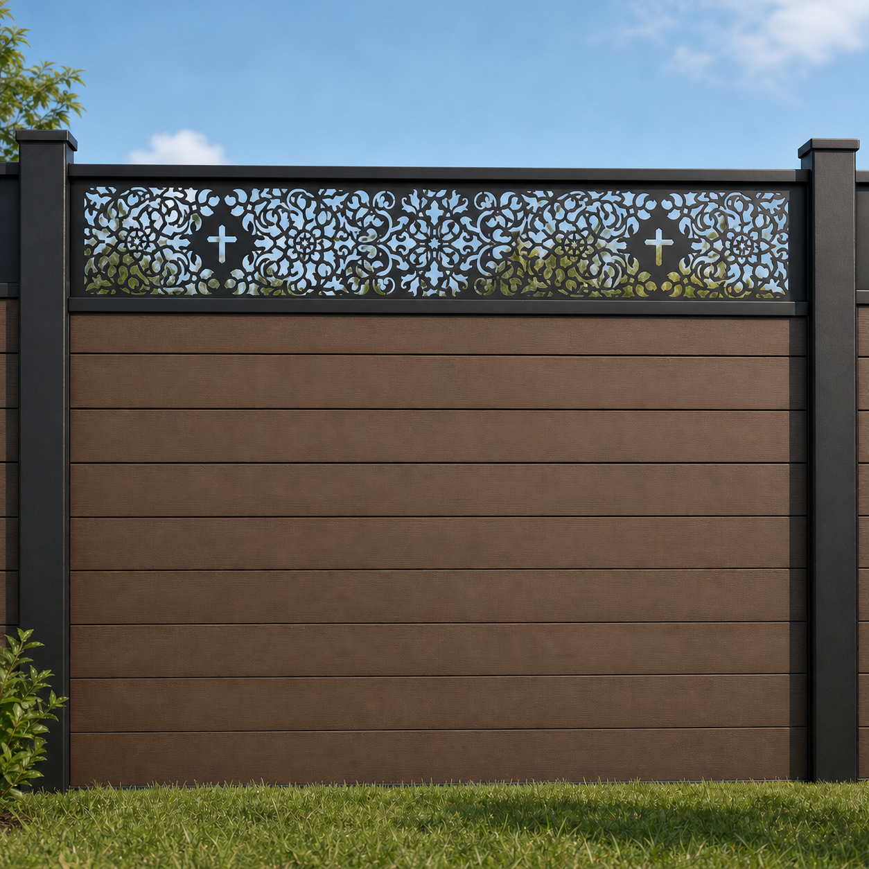 Medallion Cross Lace metal fence topper installed above WPC composite privacy fence, front view, Design 094