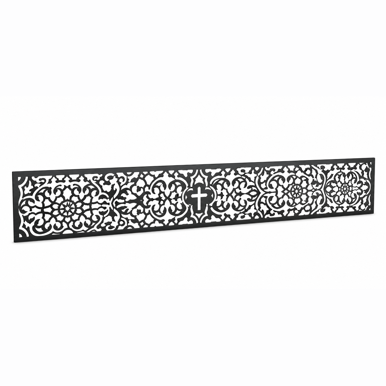 Medallion Cross Lace laser cut metal fence topper insert perspective view, Design 094