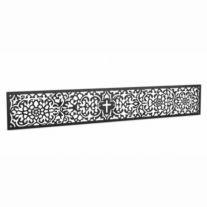Medallion Cross Lace laser cut metal fence topper insert perspective view, Design 094