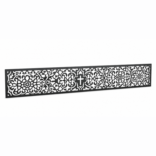 Medallion Cross Lace laser cut metal fence topper insert perspective view, Design 094