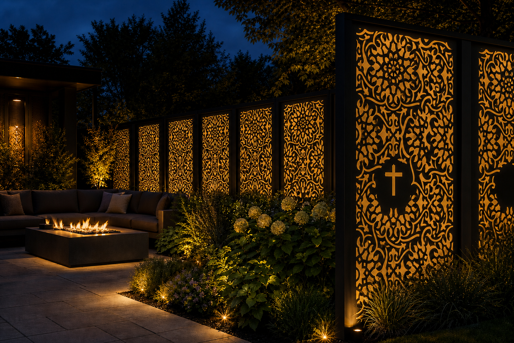 Design 094 Medallion Cross Lace Laser Cut Metal Privacy Screen Panel installed garden night lighting view