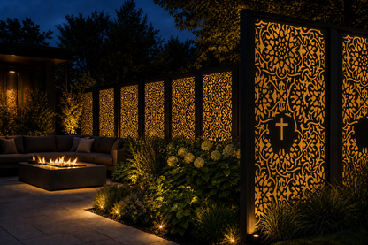 Design 094 Medallion Cross Lace Laser Cut Metal Privacy Screen Panel installed garden night lighting view