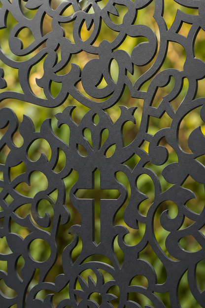 Design 094 Medallion Cross Lace Laser Cut Metal Privacy Screen Panel close-up detail view