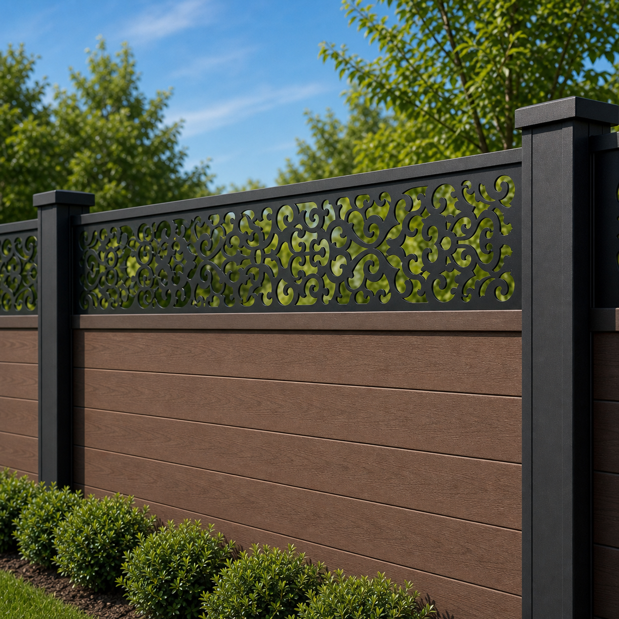 Baroque Floral Lace laser cut fence extension panel installed on composite fence, angle view, Design 095