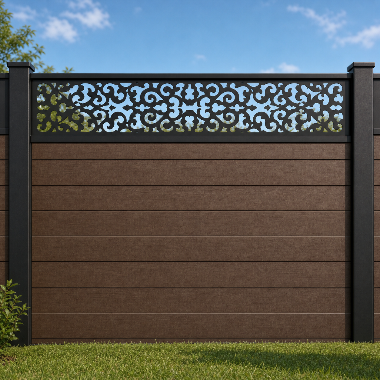 Baroque Floral Lace metal fence topper installed above WPC composite privacy fence, front view, Design 095