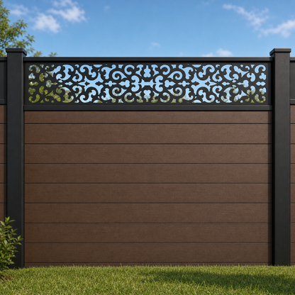 Baroque Floral Lace metal fence topper installed above WPC composite privacy fence, front view, Design 095