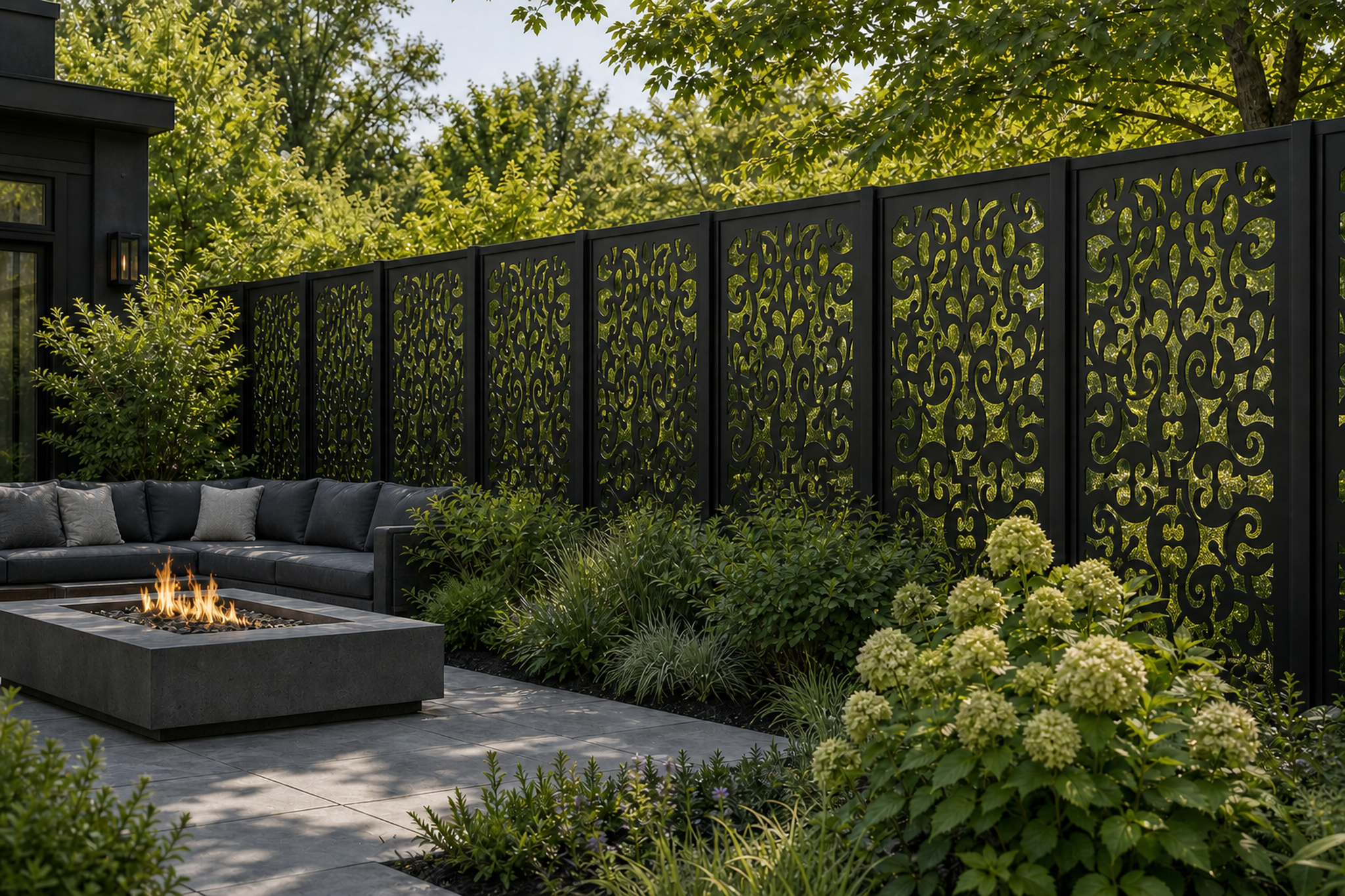 Design 095 Baroque Floral Lace Laser Cut Metal Privacy Screen Panel installed garden daylight view