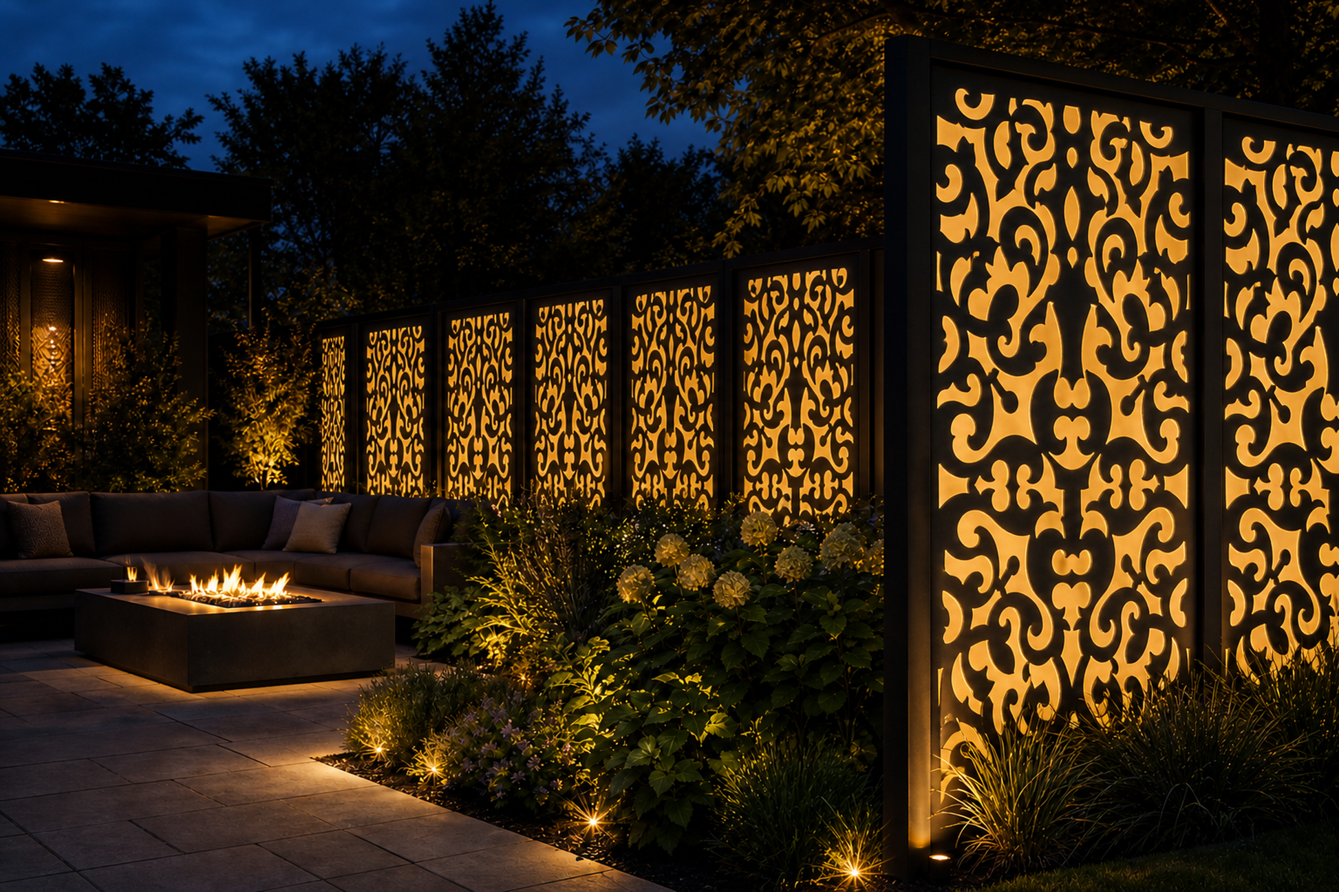 Design 095 Baroque Floral Lace Laser Cut Metal Privacy Screen Panel installed garden night lighting view