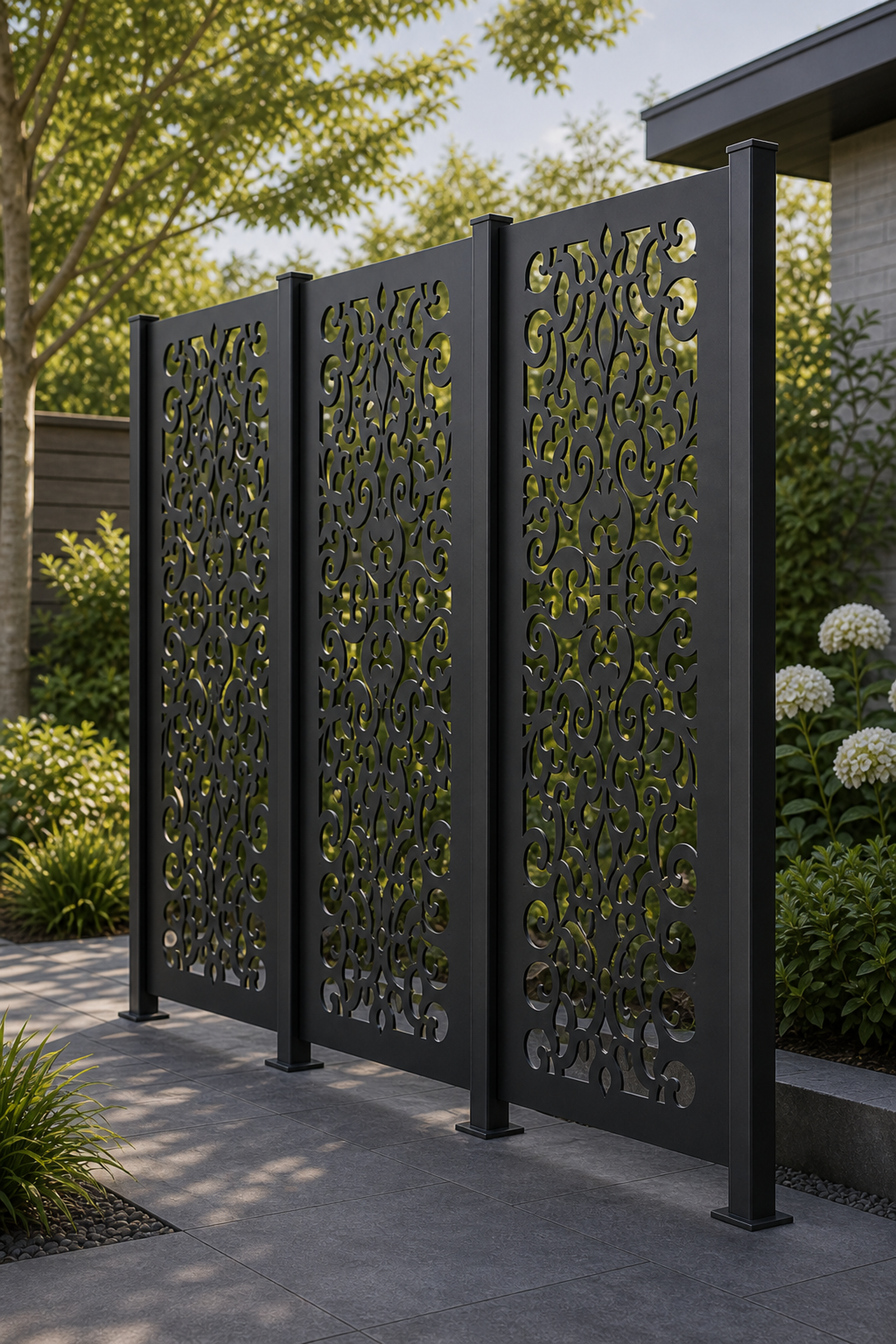 Design 095 Baroque Floral Lace Laser Cut Metal Privacy Screen Panel oblique angle view