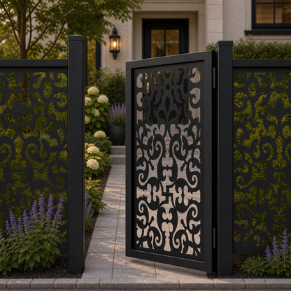 Design 095 bold leaf mirror scrollwork black aluminium side gate open view