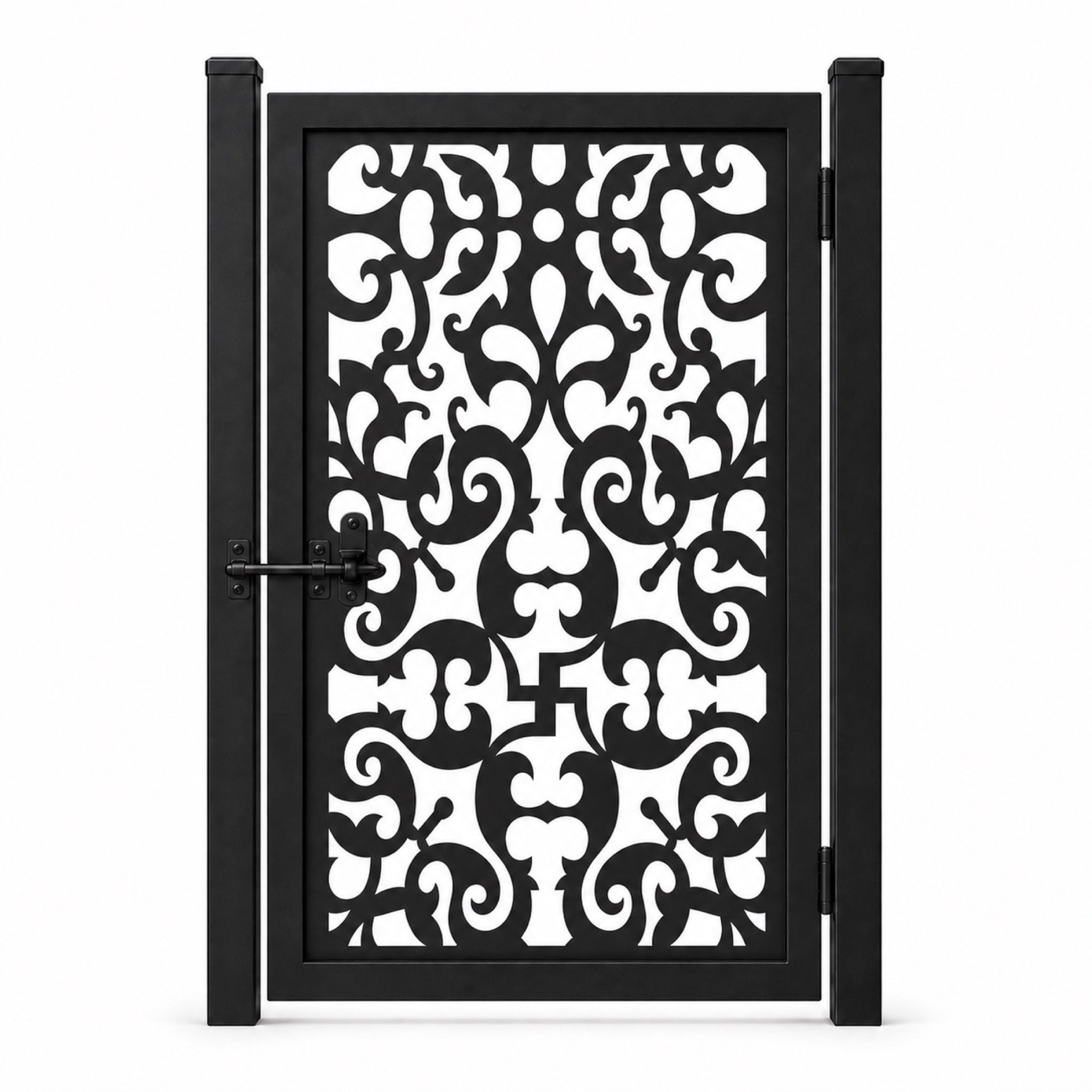 Design 095 bold leaf mirror scrollwork black laser cut metal pedestrian gate closed view
