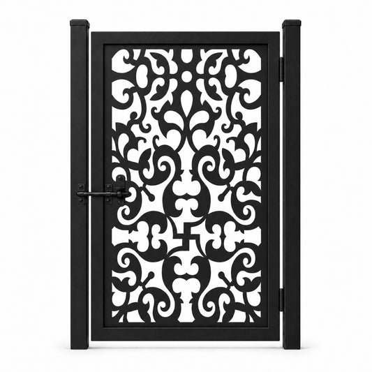 Design 095 bold leaf mirror scrollwork black laser cut metal pedestrian gate closed view