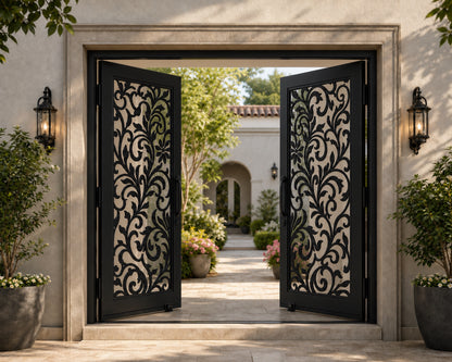 EONE Design 095 custom villa courtyard gate with ornate damask scrollwork shown open in a luxury entrance scene