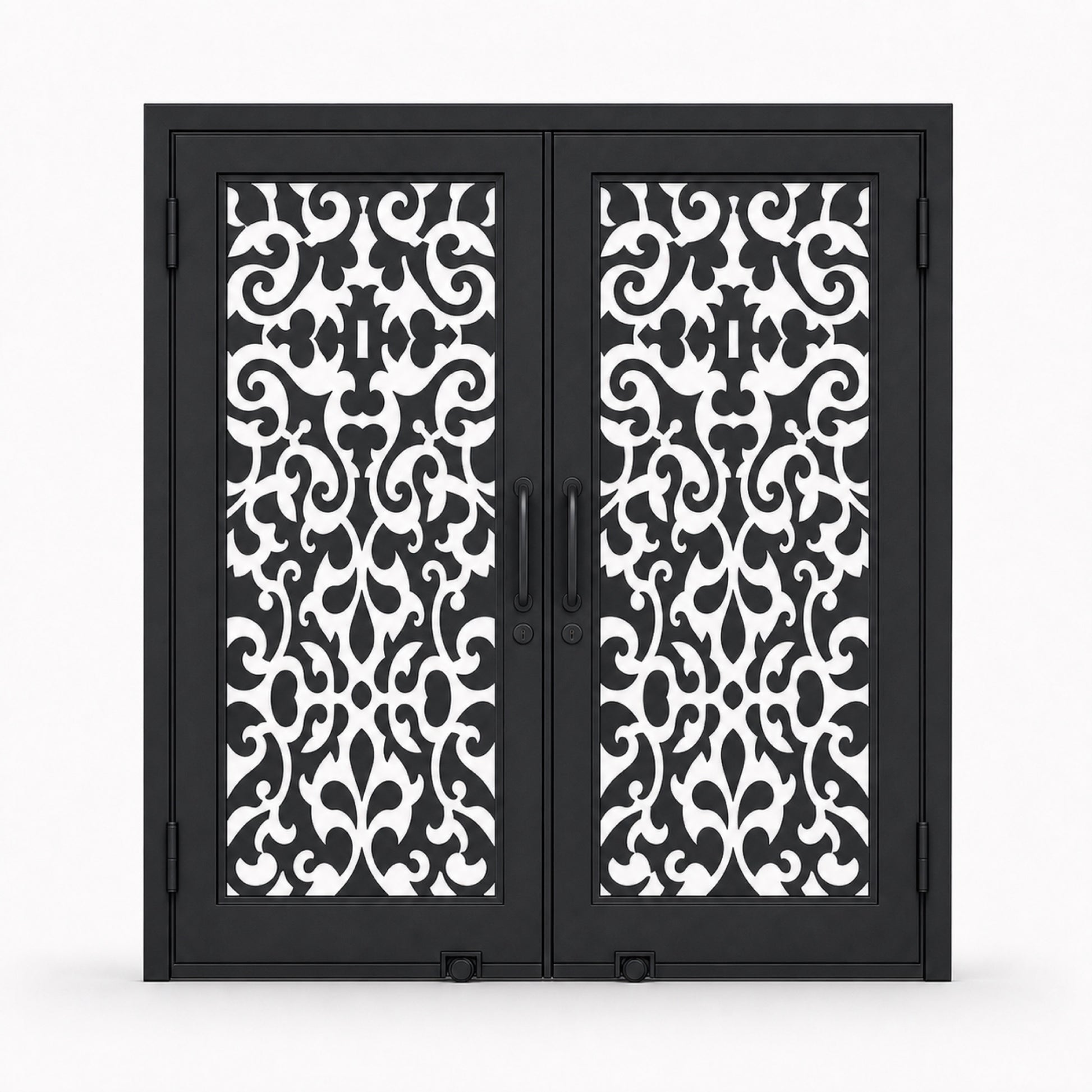 EONE Design 095 luxury double entry gate with ornate damask scrollwork shown closed on white background