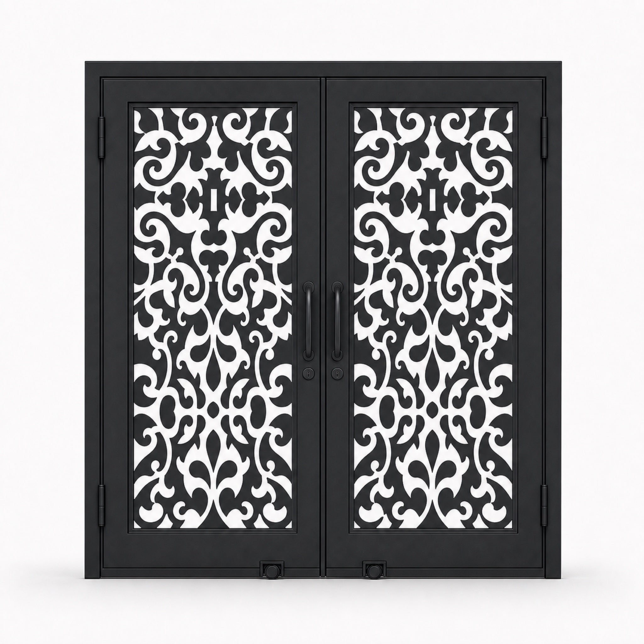 EONE Design 095 luxury double entry gate with ornate damask scrollwork shown closed on white background
