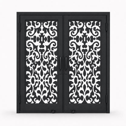 EONE Design 095 luxury double entry gate with ornate damask scrollwork shown closed on white background