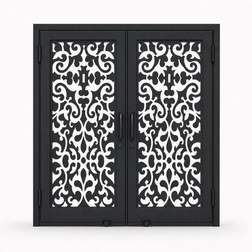 EONE Design 095 luxury double entry gate with ornate damask scrollwork shown closed on white background