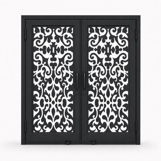 EONE Design 095 luxury double entry gate with ornate damask scrollwork shown closed on white background