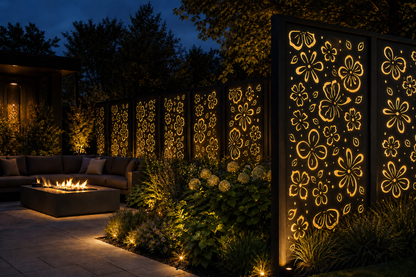 Design 096 Butterfly Flower Laser Cut Metal Privacy Screen Panel installed garden night lighting view