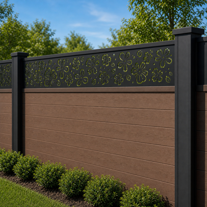 Galaxy Curl Lace laser cut fence extension panel installed on composite fence, angle view, Design 096