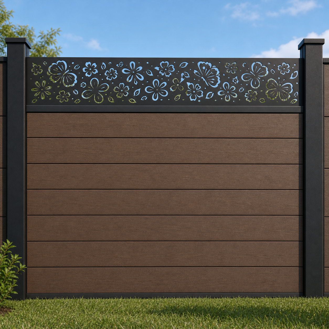 Galaxy Curl Lace metal fence topper installed above WPC composite privacy fence, front view, Design 096