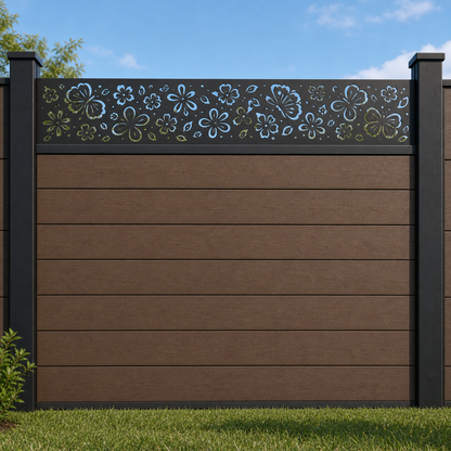 Galaxy Curl Lace metal fence topper installed above WPC composite privacy fence, front view, Design 096