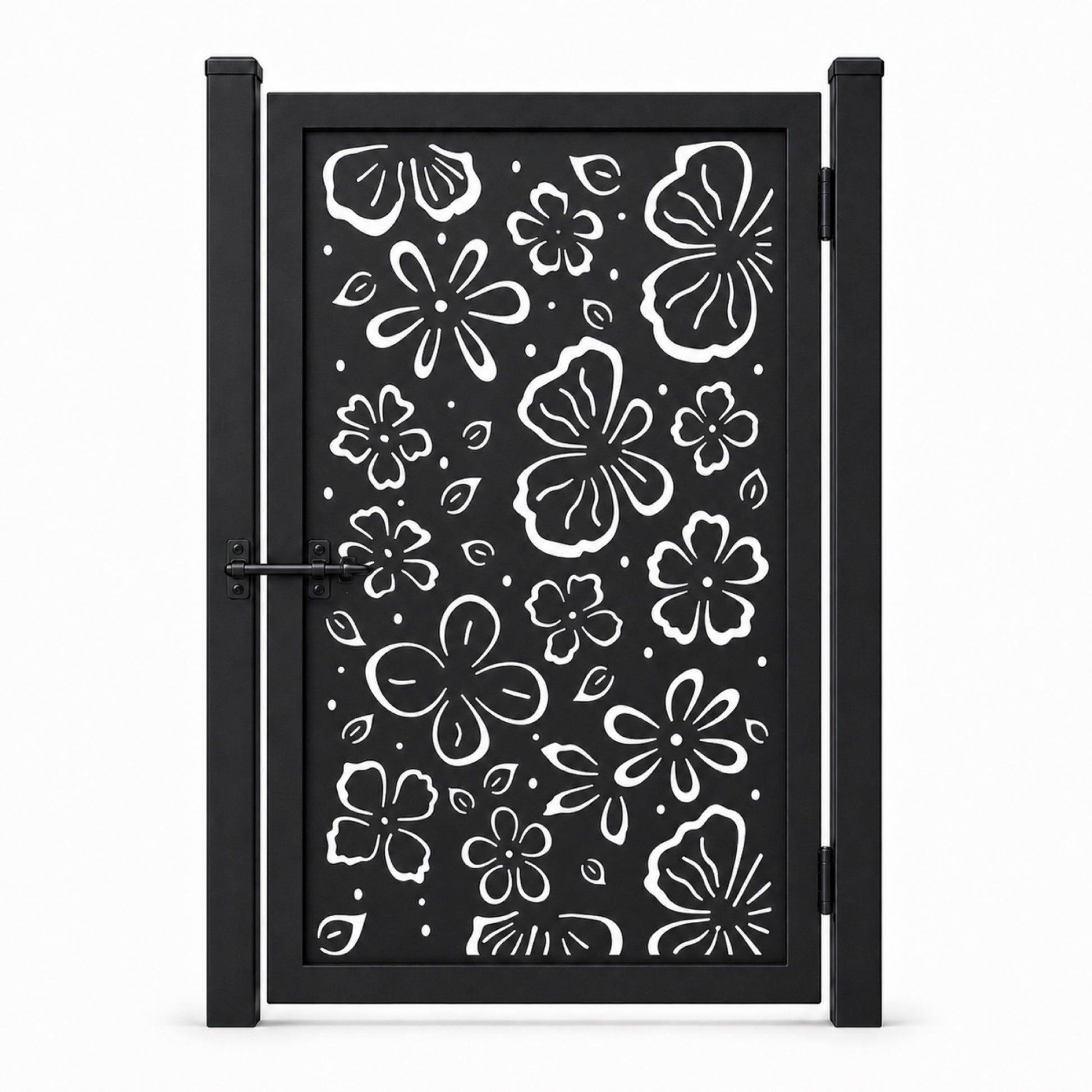 Design 096 hand drawn floral line black laser cut metal pedestrian gate closed view