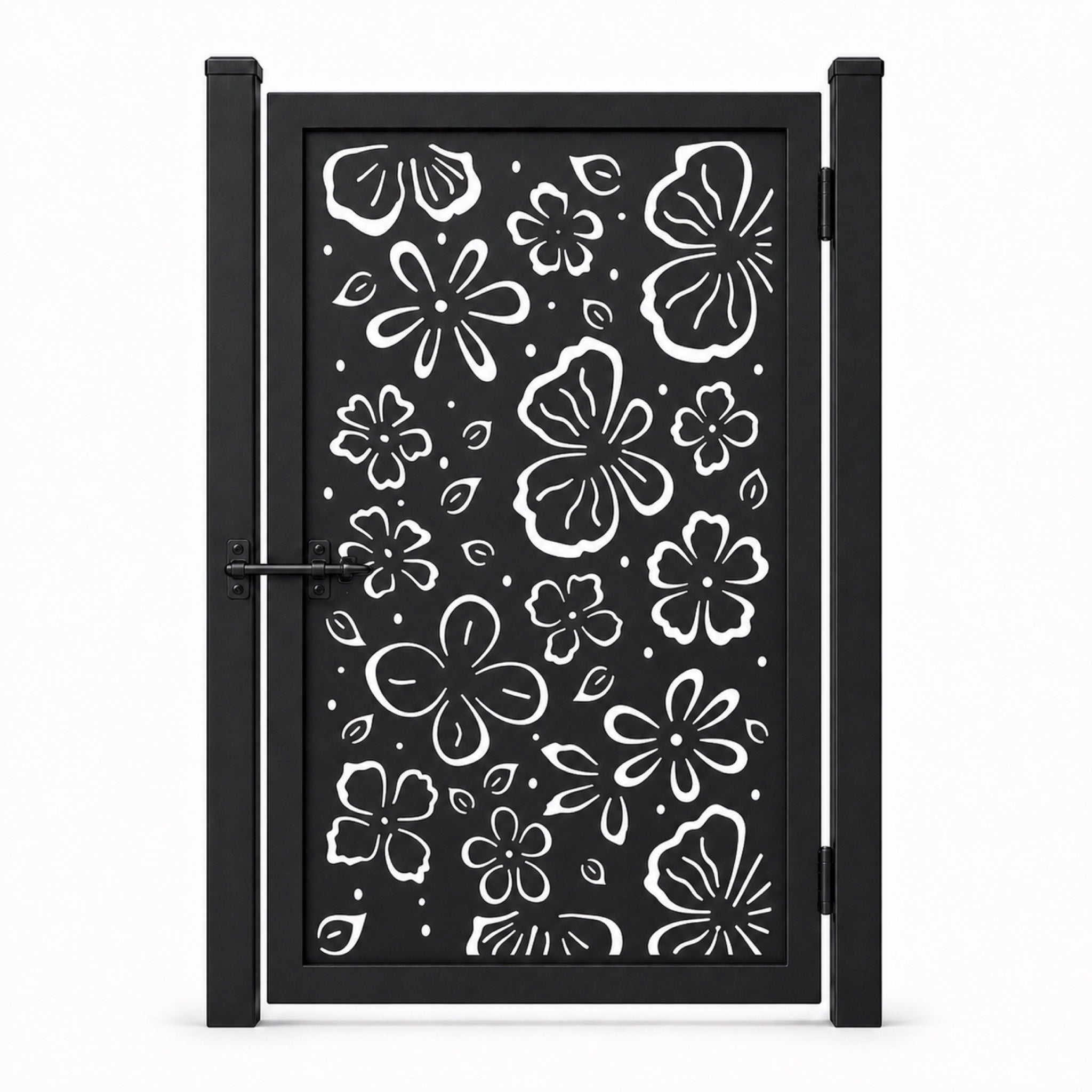 Design 096 hand drawn floral line black laser cut metal pedestrian gate closed view