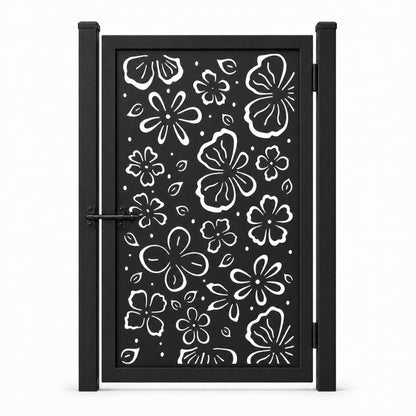 Design 096 hand drawn floral line black laser cut metal pedestrian gate closed view