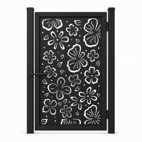 Design 096 hand drawn floral line black laser cut metal pedestrian gate closed view