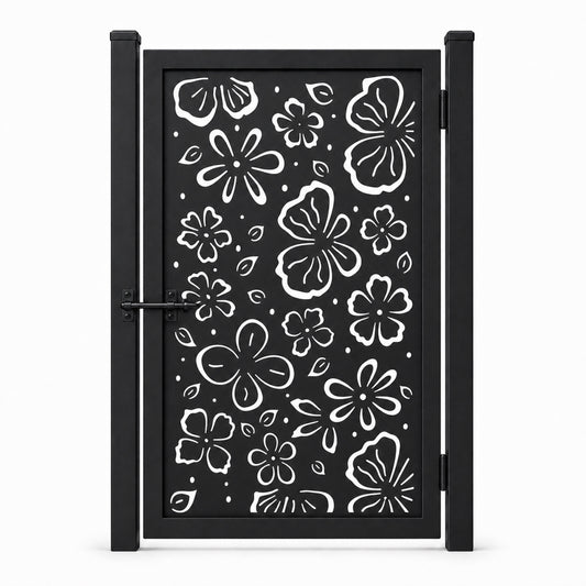 Design 096 hand drawn floral line black laser cut metal pedestrian gate closed view