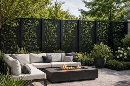 Design 097 Climbing Vine Laser Cut Metal Privacy Screen Panel installed garden daylight view