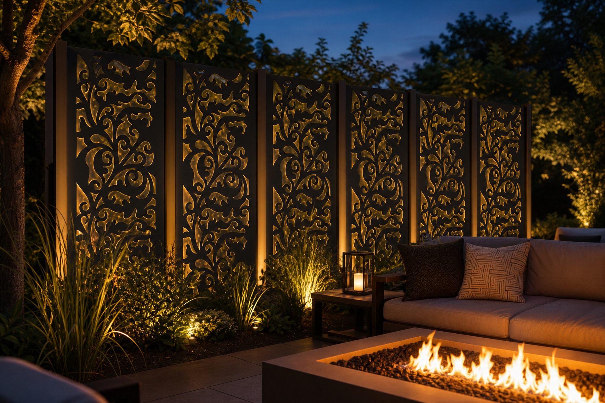 Design 097 Climbing Vine Laser Cut Metal Privacy Screen Panel installed garden night lighting view