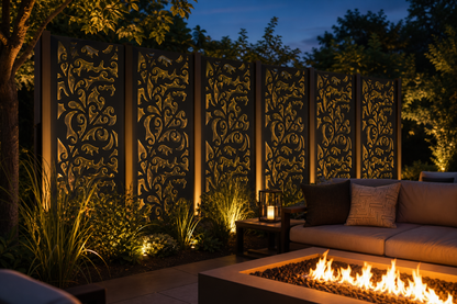 Design 097 Climbing Vine Laser Cut Metal Privacy Screen Panel installed garden night lighting view