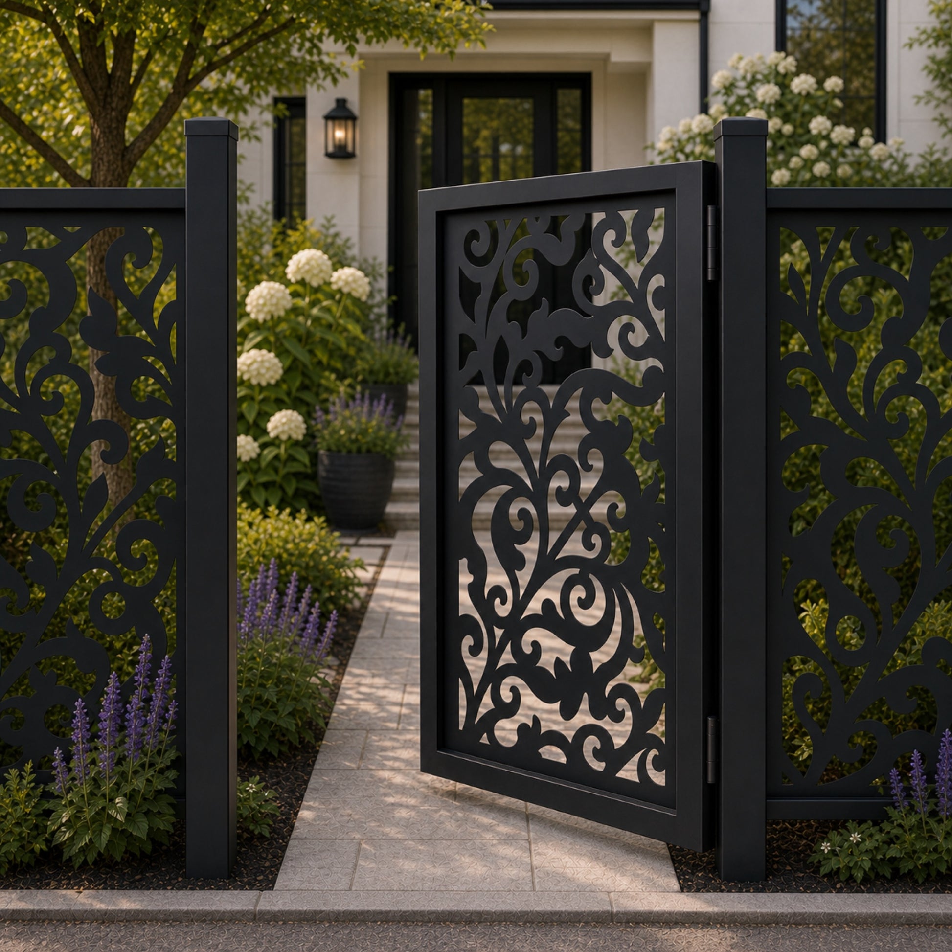 Design 097 diagonal vine scrollwork black aluminium side gate open view
