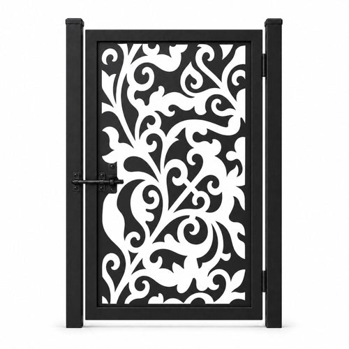 Design 097 diagonal vine scrollwork black laser cut metal pedestrian gate closed view