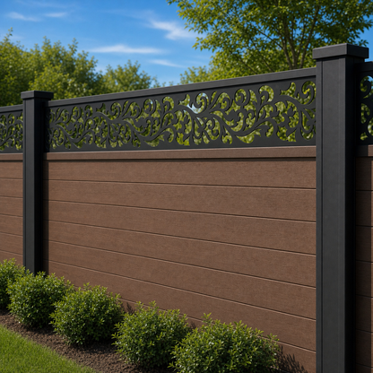 Vintage Floral Vine laser cut fence extension panel installed on composite fence, angle view, Design 097