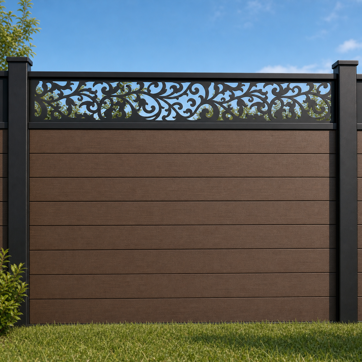 Vintage Floral Vine metal fence topper installed above WPC composite privacy fence, front view, Design 097
