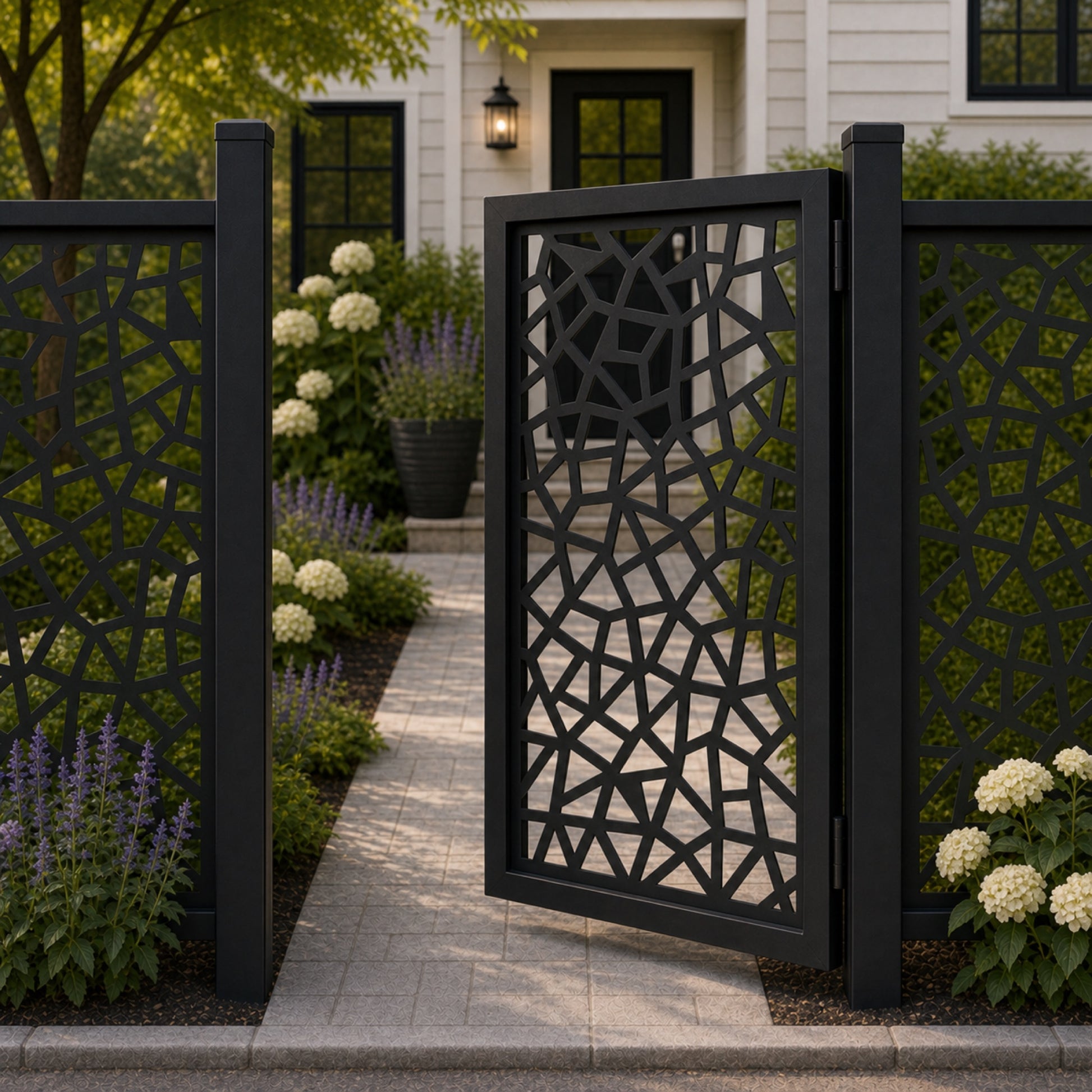 Design 098 fragment geometric black aluminium side gate open view