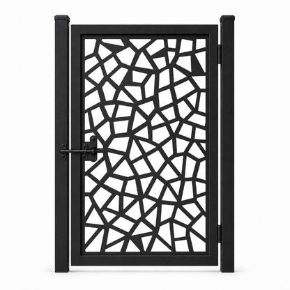 Design 098 fragment geometric black laser cut metal pedestrian gate closed view