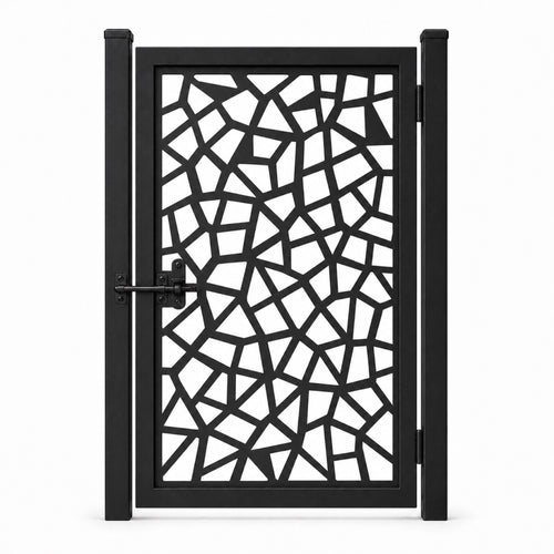 Design 098 fragment geometric black laser cut metal pedestrian gate closed view