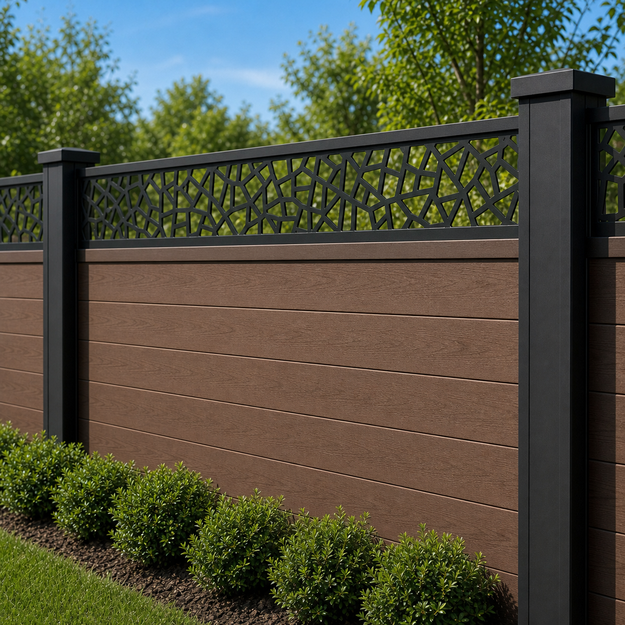 Open Polygon Lattice laser cut fence extension panel installed on composite fence, angle view, Design 098
