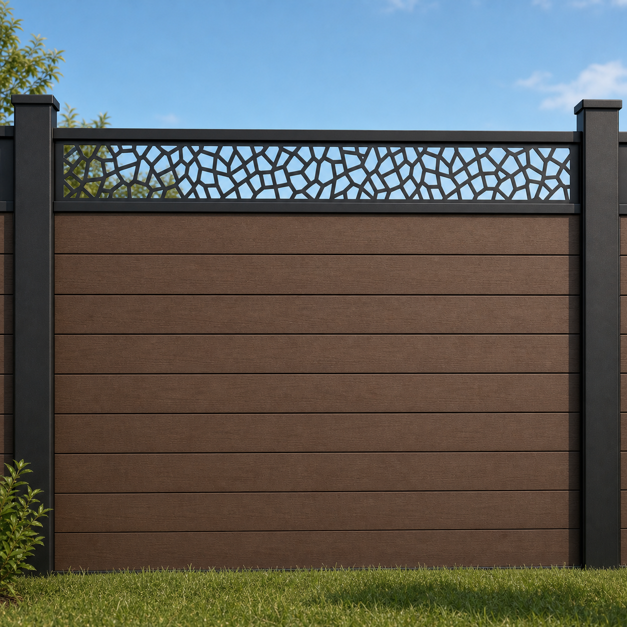 Open Polygon Lattice metal fence topper installed above WPC composite privacy fence, front view, Design 098