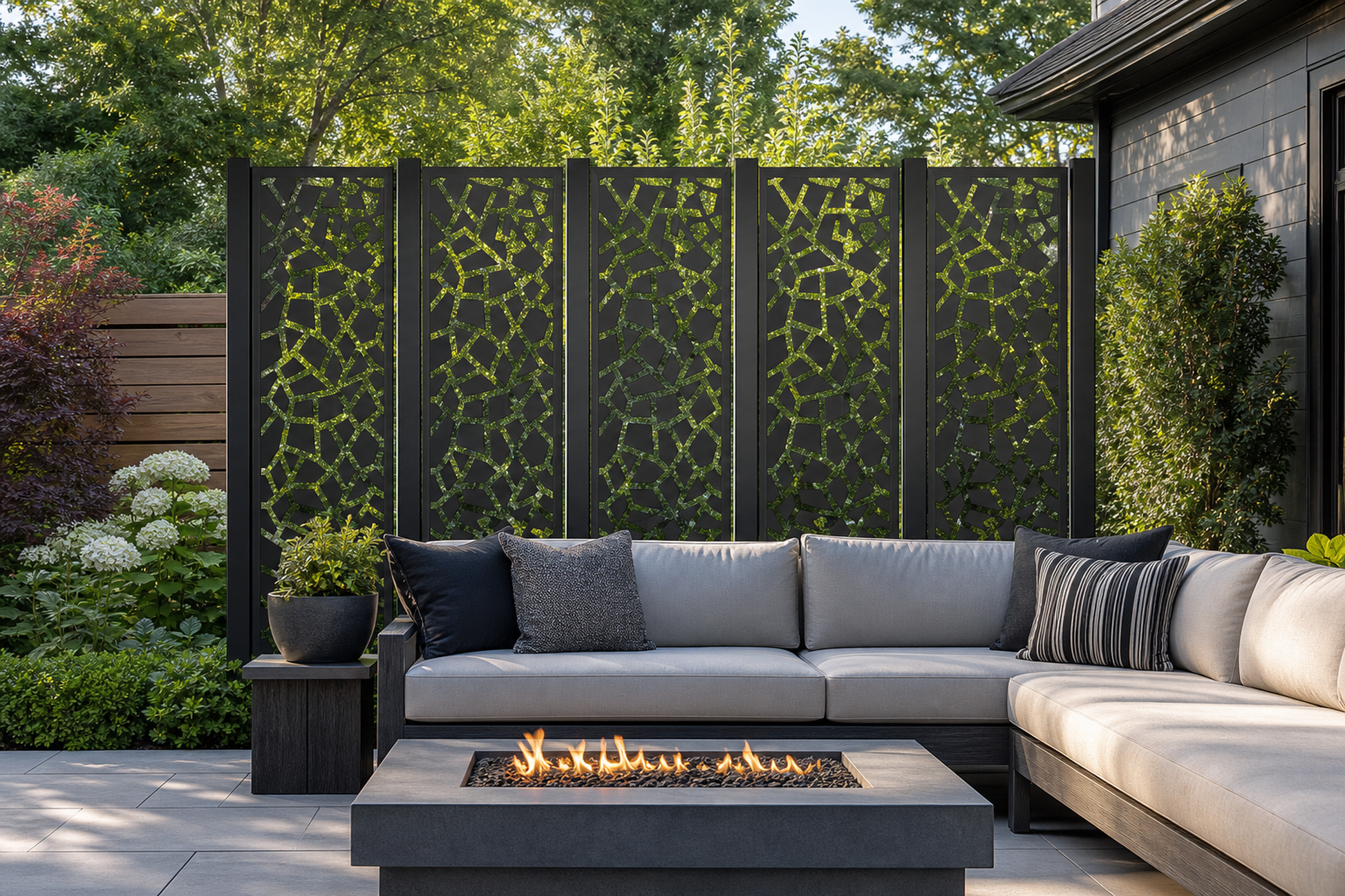 Design 098 Slim Stone Mosaic Laser Cut Metal Privacy Screen Panel installed garden daylight view
