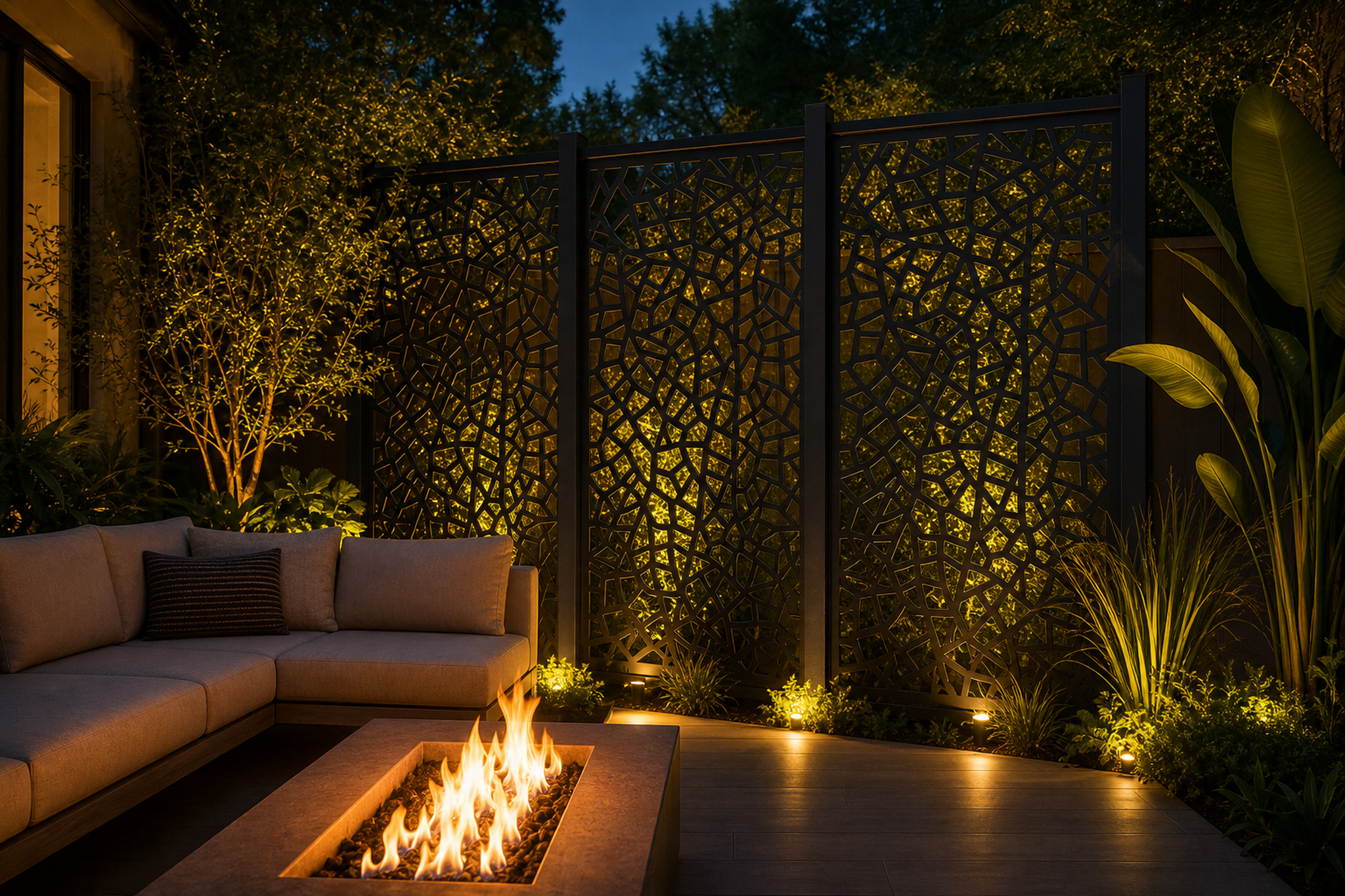 Design 098 Slim Stone Mosaic Laser Cut Metal Privacy Screen Panel installed garden night lighting view