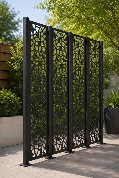 Design 098 Slim Stone Mosaic Laser Cut Metal Privacy Screen Panel oblique angle view